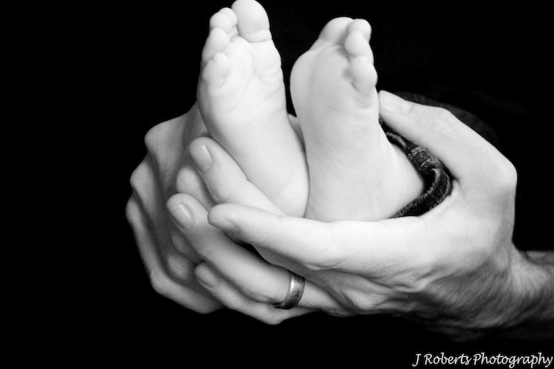 Baby feed in fathers hands B&W - family portrait photography sydney